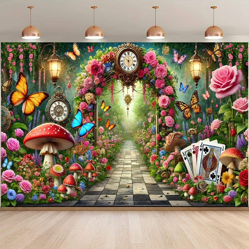 Ein 2D-Märchen-Waldbanner – bunte Blumen und Schmetterlinge, Poker-Karten-Design – geeignet für Geburtstage, Feiertage, Partys