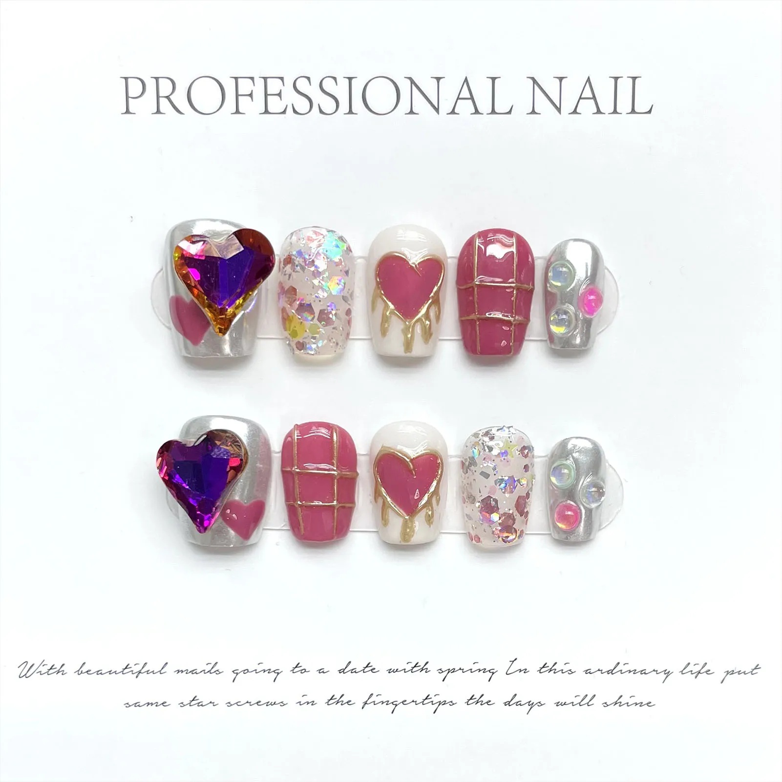 

10pcs Short Press on Nails with Shiny Heart Crystal Full Cover Square Fake Nail Tips Rose Pink Love Design Wearable False Nails
