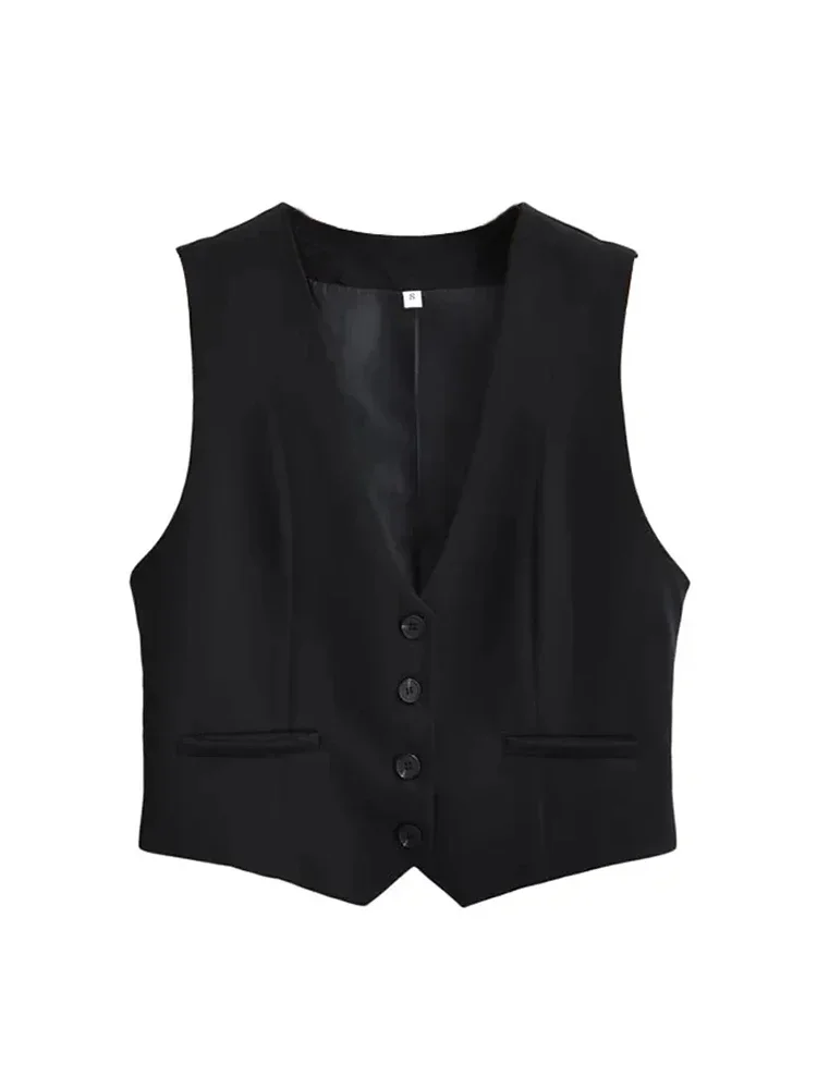 Aoaiiys Vest Women Cropped Waistcoat Fashion Front Buttons Tops Vintage V Neck Sleeveless Female Outerwear White Chic Vests New 3