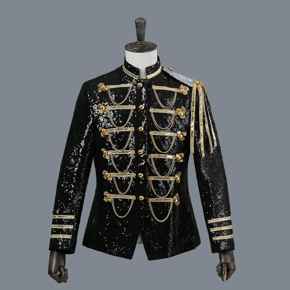 Black Sequin Patchwork Military Suit Jacket For Men Stage Party Prom Singer Show DJ Costume Single Breasted Red Male Blazer Coat