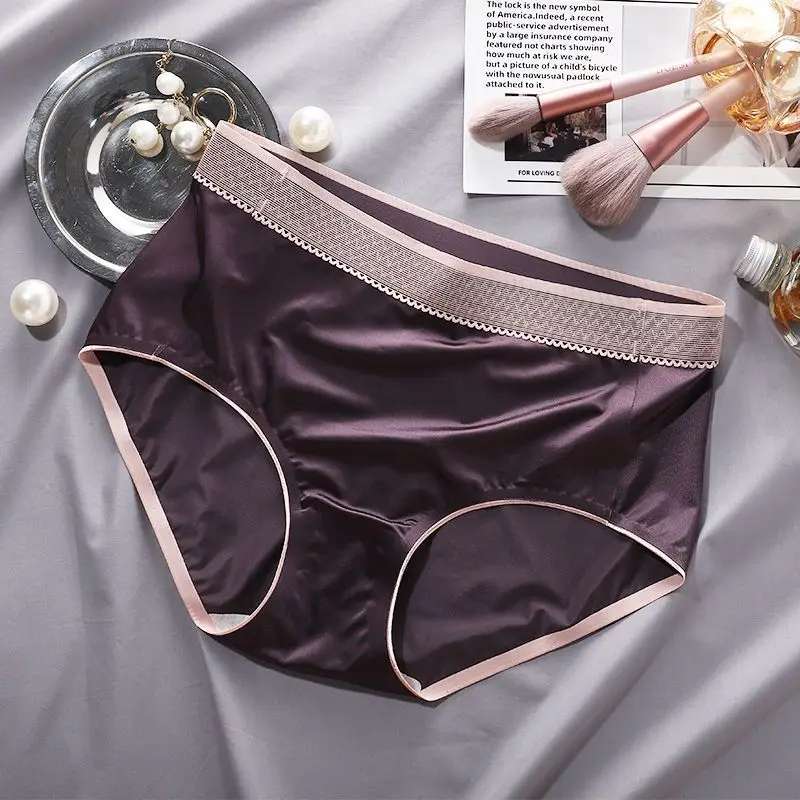 

Silky Satin Underwear Women Cotton Crotch Thin Pants Ice Silk Shorts Sexy Mid-waist Panties Breathable Seamless Hip Lift Briefs