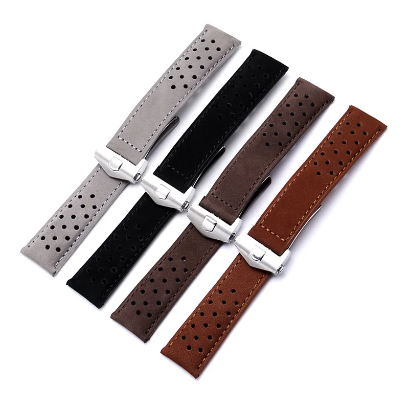 Watchband For TAG Heuer Men\'s Frosted Air Hole Leather Folding Buckle, 20mm 22mm 24 Grey Black Brown Genuine Leather Watch Strap