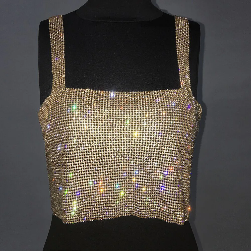 Camiseta sin mangas de malla metálica con diamantes de imitación para mujer, top corto con cadena hueca en la espalda, chaleco sexy para playa y fiesta en club.