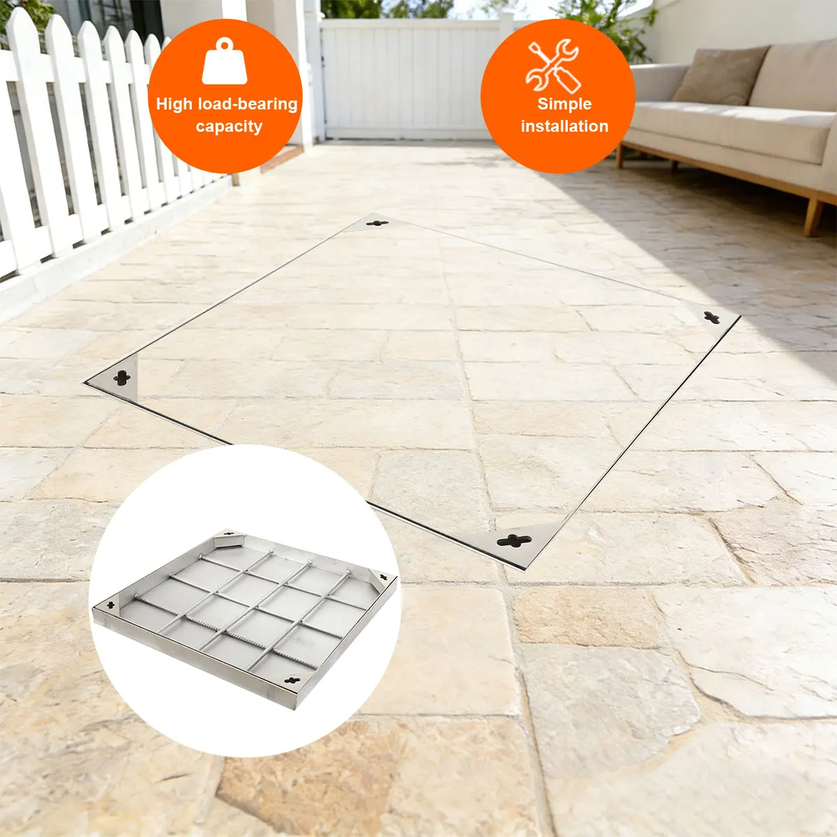 Unsichtbarer quadratischer Kanaldeckel für Garten, Terrasse, Pool – Robuste, wetterfeste, rutschfeste Abflussabdeckung – Detail 4