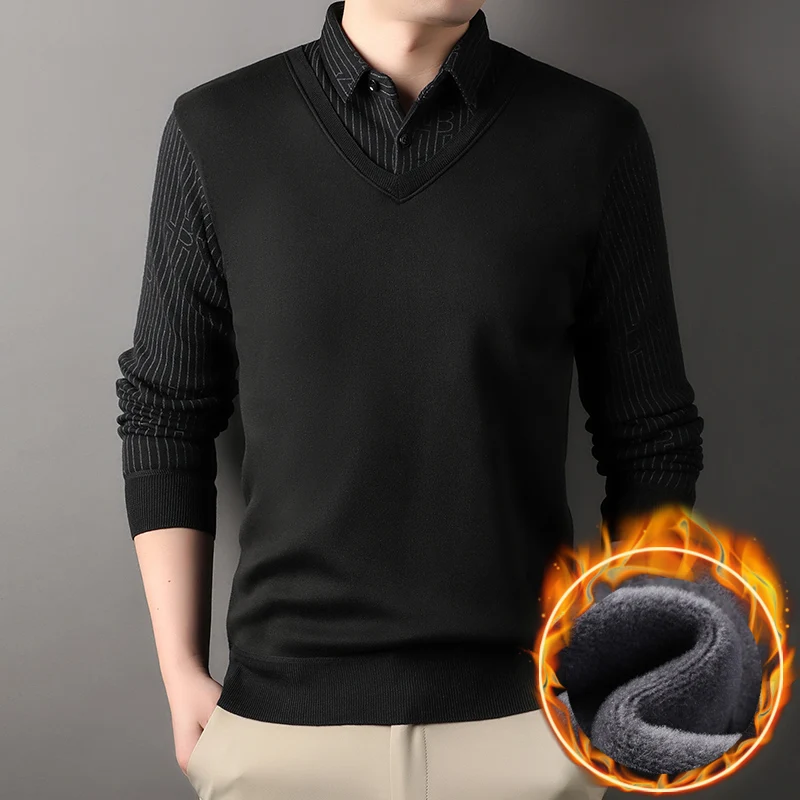 Men's Plaid Sweater Fleece Pullover Slim Fit Fake Two Pieces Knitted Sweaters turtleneck sweater basic sweater jacquard sweater
