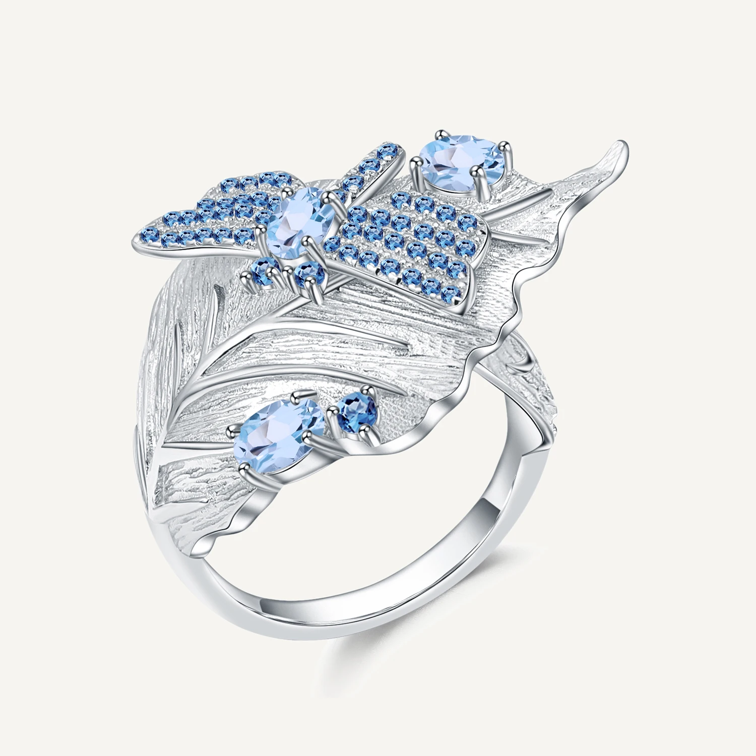 

GEM'S BALLET 925 Sterling Silver Handmade Dragonfly Leaf Ring 0.78Ct Natural Swiss Blue Topaz Rings Jewelry for Women Bijoux