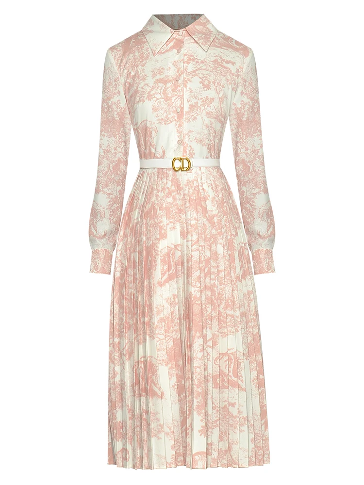 

Sweetsince Printed Dress Women Polo Collar Long Sleeve Temperament Pleated Mid Length Spring Summer Korean Fashion 2023 Designer
