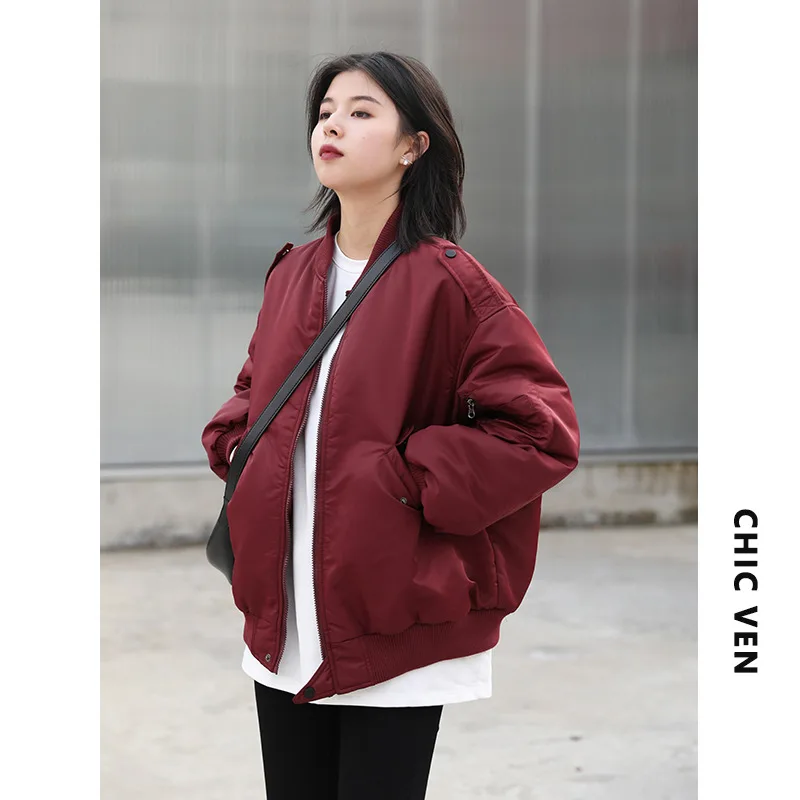 

2023 New Fashion Women Cotton Coat Black / Burgundy / Army Green Solid Color Long-Sleeved Baseball Jacket