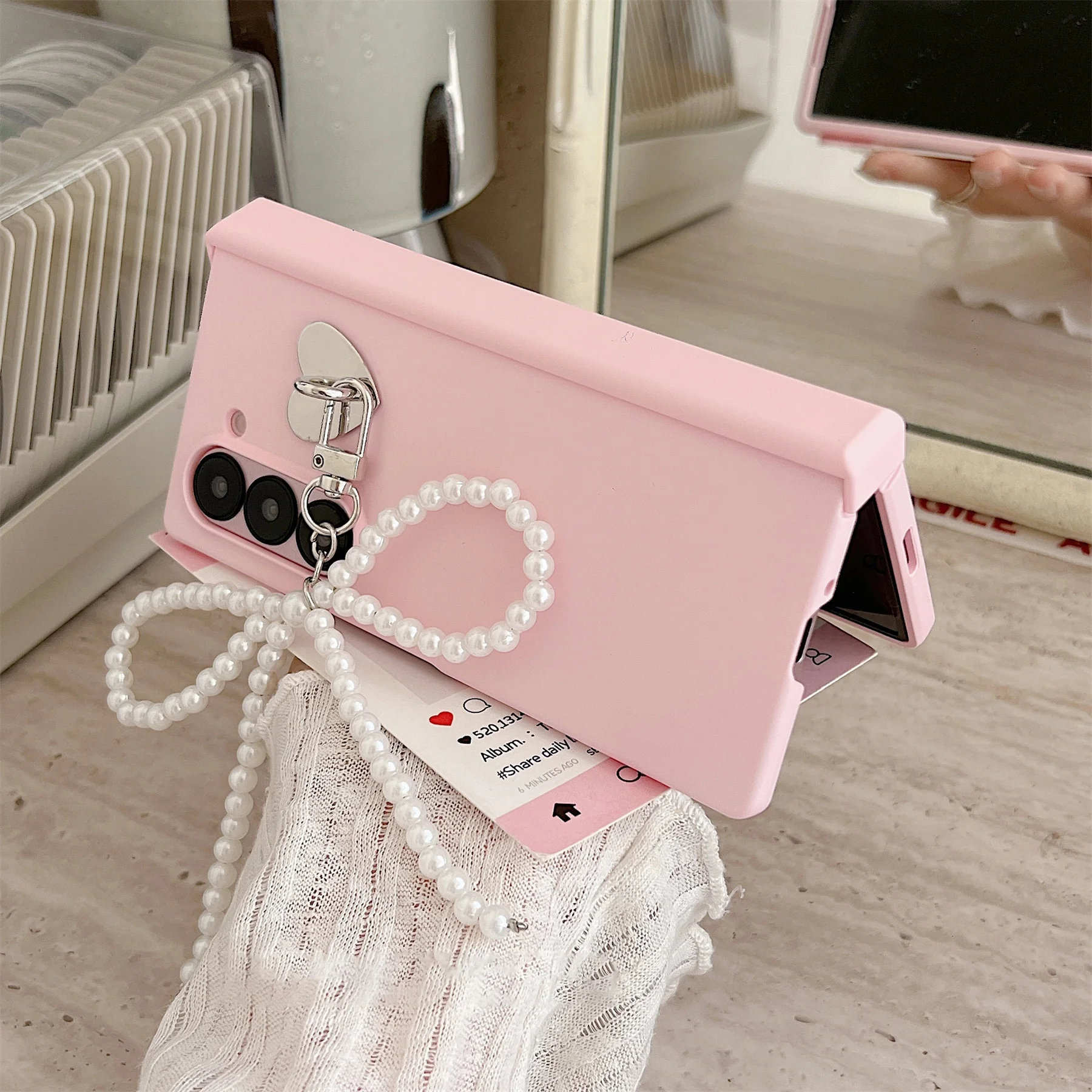 Luxury Simple Pink Phone Case with Pearl Bow Pendant