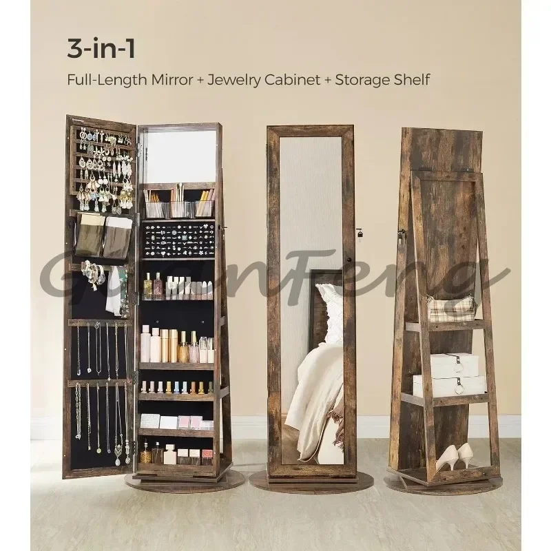 360° Swivel Jewelry Cabinet, Lockable Jewelry Organizer with Full-Length Mirror, Rear Storage Shelves, Jewelry Armoire 3