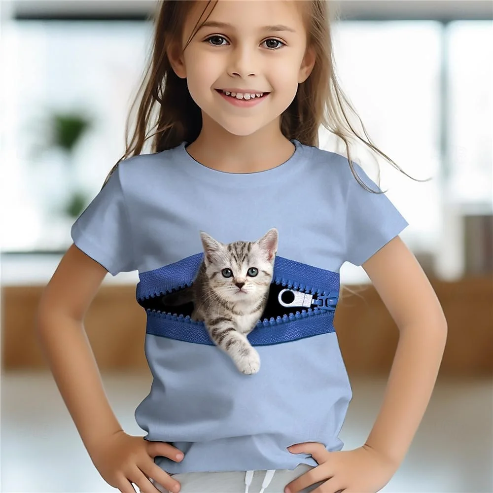 Kids T Shirt 3d Printed Fun Children's Cat Animal Baby Girl Summer Short Sleeve