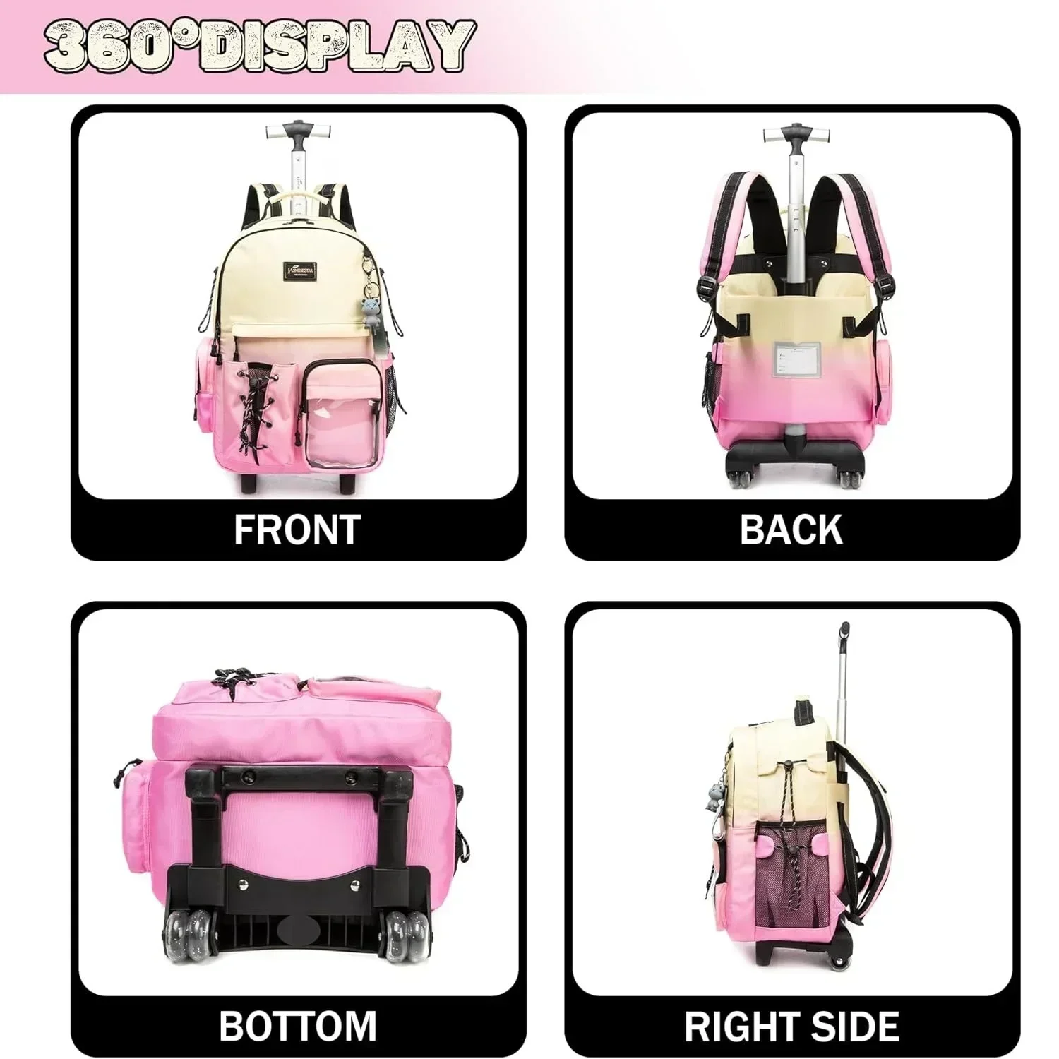 School Bags for Girls with Wheels Trolley 3 Pcs for Teens Boys Rolling Backpack Set with Lunch Bag Carry on Luggage with Roller 5