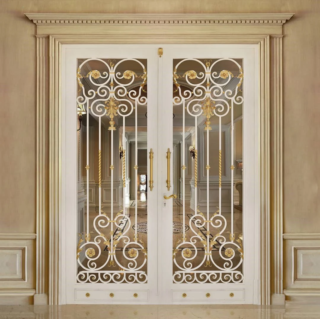 Villa High-end Luxury Factory Sell Custom Forged America European Craft Glass Security Double-open Iron Steel Entrance Gate Door 6