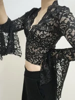 Haut en dentelle esthétique pour femmes, vêtements Sexy transparents, col en V profond, t-shirts évasés à manches longues, vêtements de fête, Clubwear 6