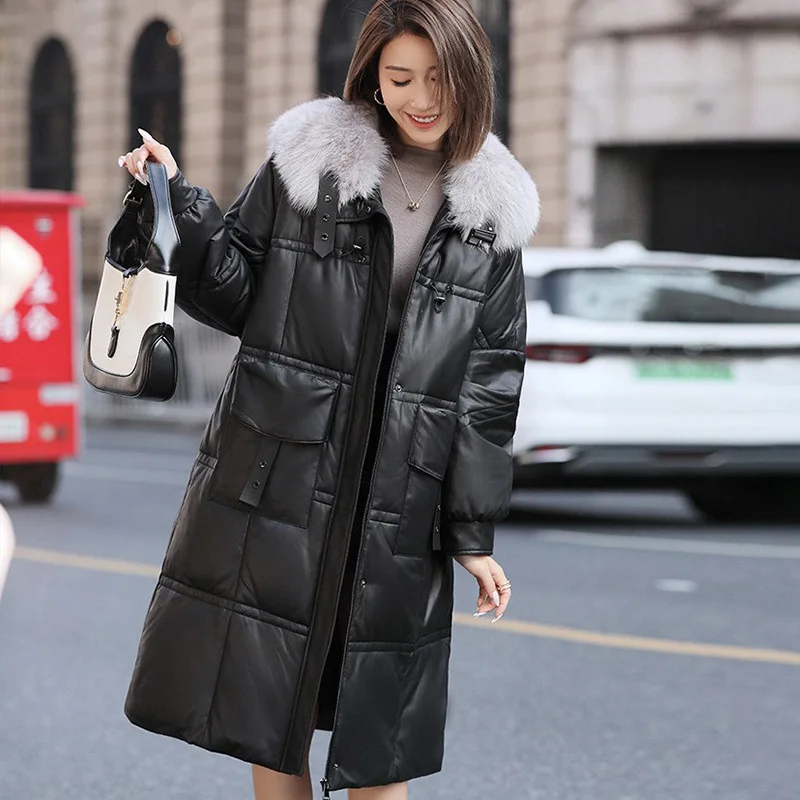 

2023 Promotion Sheepskin leather Down jacket winter new fox fur navy collar fur medium long large loose leather coat