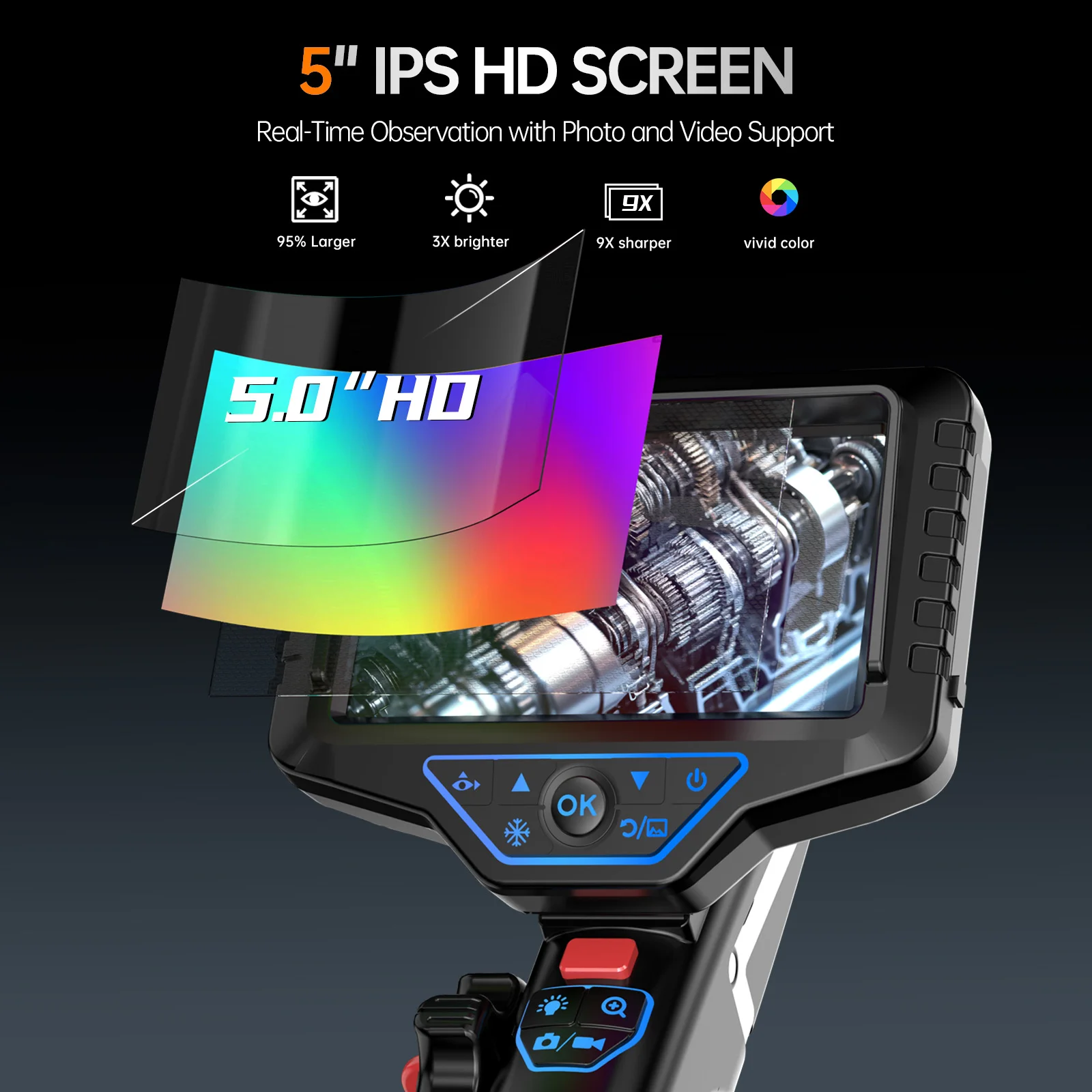2.8/3.6MM Lens Articulating Borescope 1080P 5 Inch IPS Screen Two Way 360&deg; Steering Endoscope Camera Waterproof IP67 Video