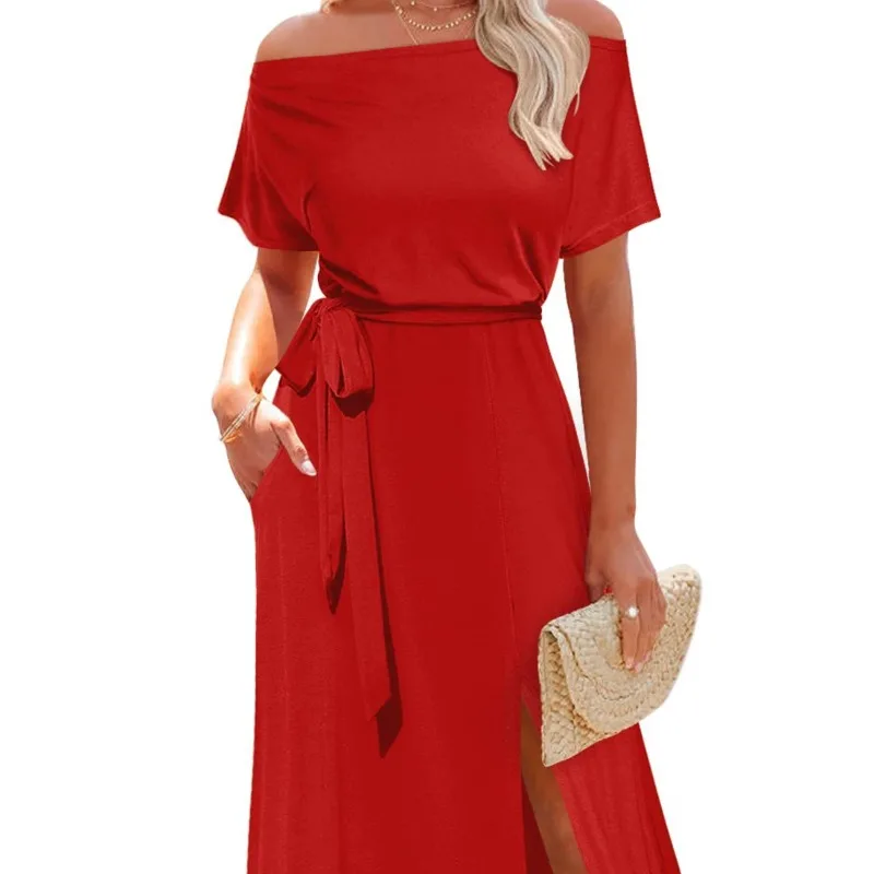 

Spring Autumn Women's Slash Neck Pullover Off Shoulder Solid Bandage Drawstring Short Sleeve Casual Elegant Vacation Dress