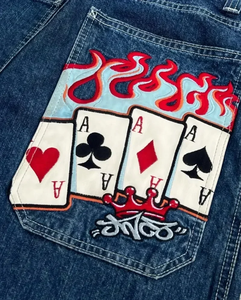 빈티지 자수 JNCO Y2K 헐렁한 청바지, 남성 하이 퀄리티 청바지, 힙합 고스 스트리트웨어, 하라주쿠 남성 여성 캐주얼 와이드 레그 청바지