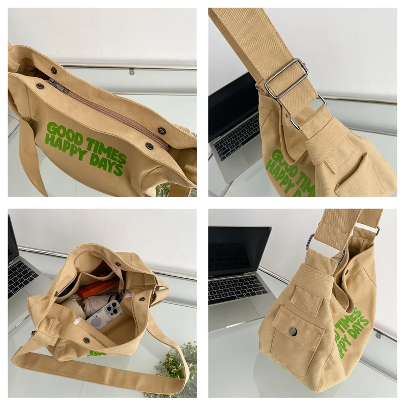 Canvas Bags For Women 2022 Letter Shoulder Bag High Capacity Crossbody Bags Fahion Shopper Eco Bag Korean Leisure Messenger Bag