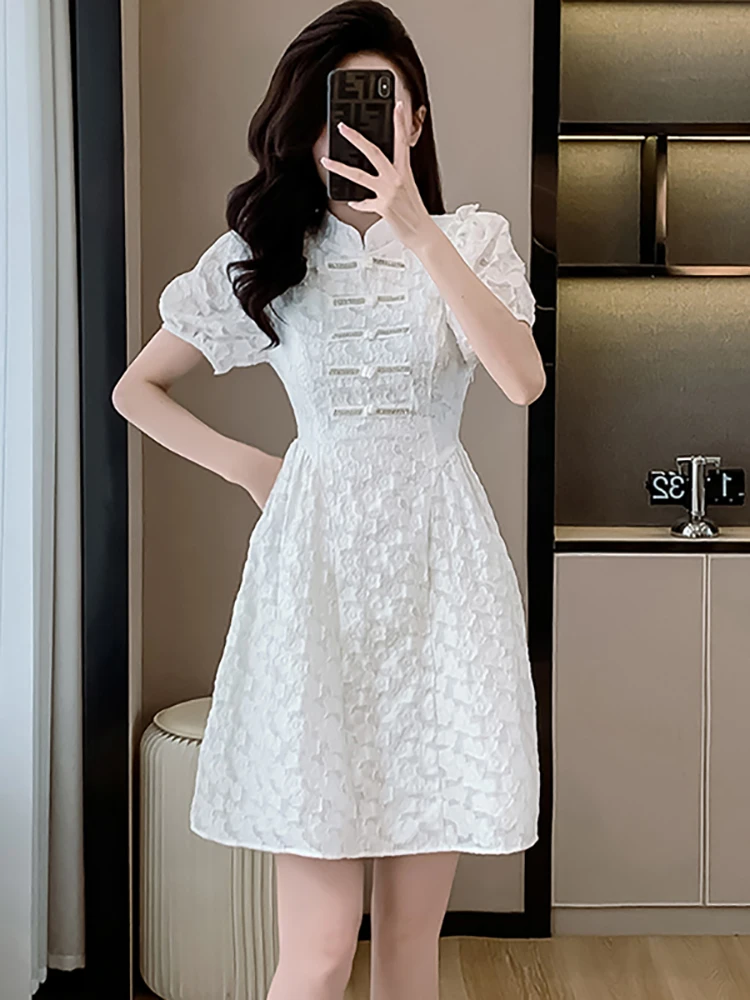 

2024 White Jacquard Diamonds Chic Kawaii Dress Women Short Sleeve Elegant Birthday Dress Summer Korean Bodycon Party Night Dress