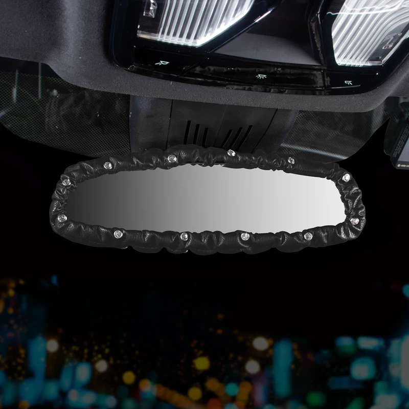 Rearview Mirror Cover Elastic Leather Crystal Rearview Mirror Decoration Cover Auto Interior Accessories