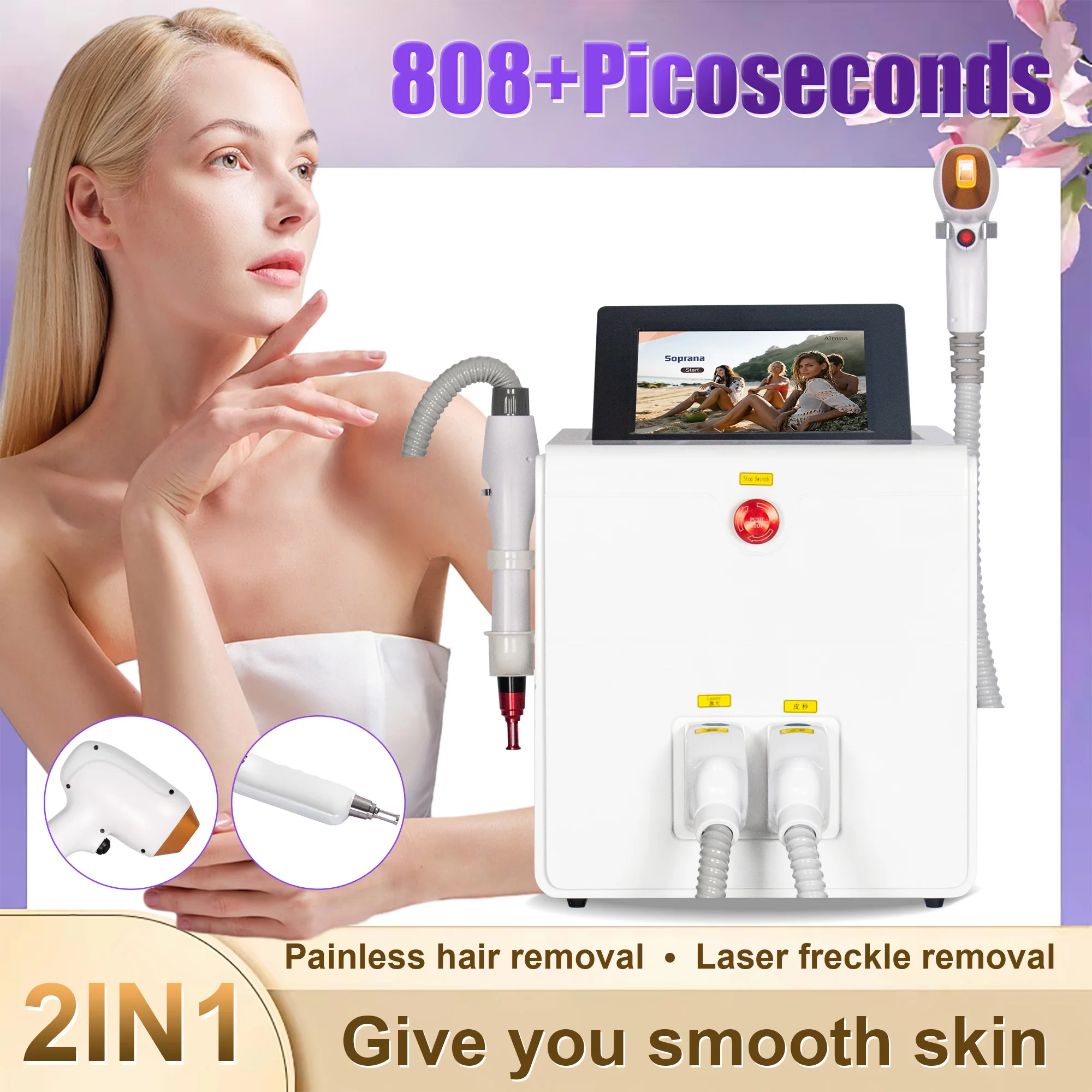 2-In-1 Diode Laser Picosecond Tattoo Hairremoval Machine Freckle Pigment Dull Scar Removal Facial Body Hair Removal Tender Skin