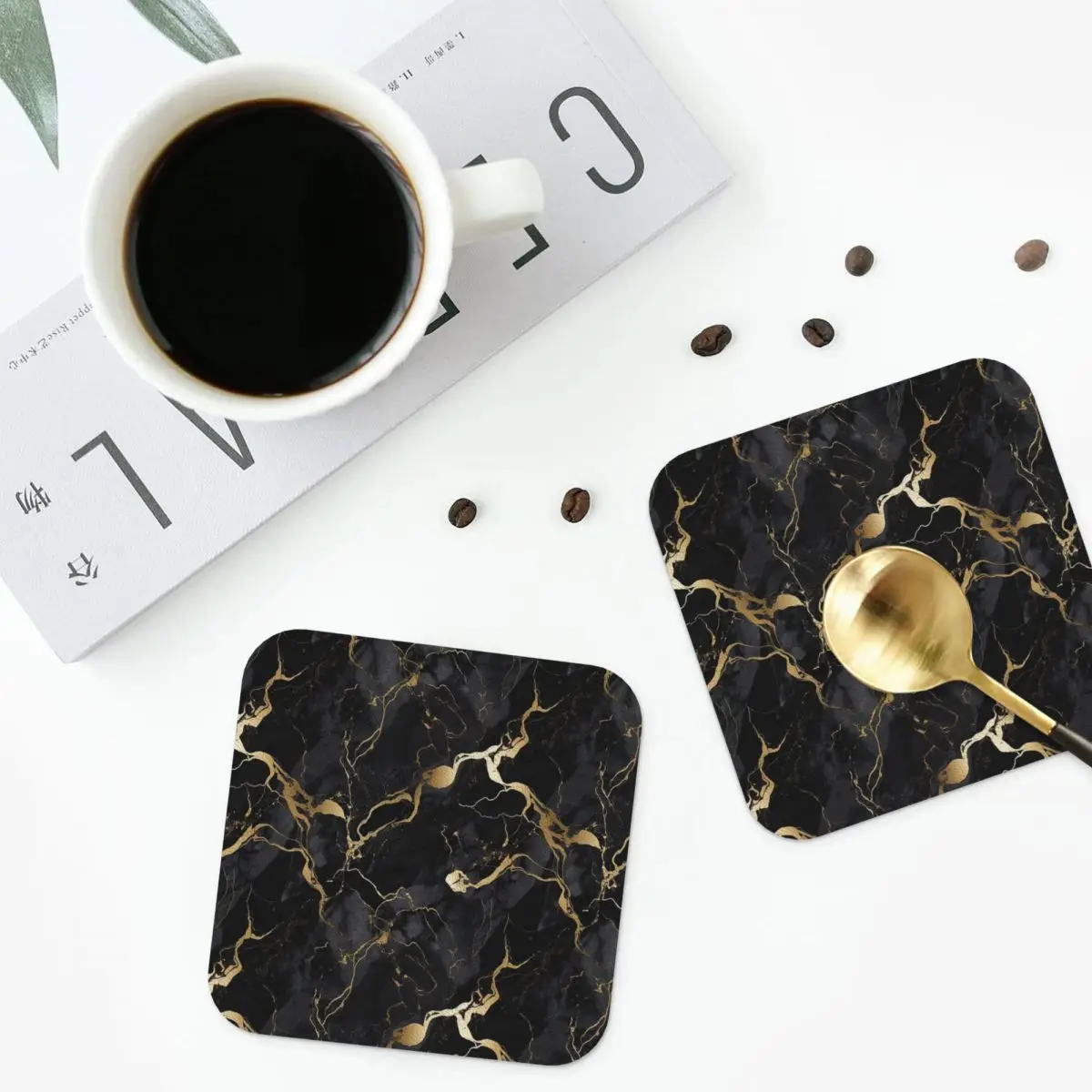 

Classic Black And Gold Marble Coasters Kitchen Placemats Waterproof Insulation Cup Coffee Mats For Home Tableware Pads Set of 4