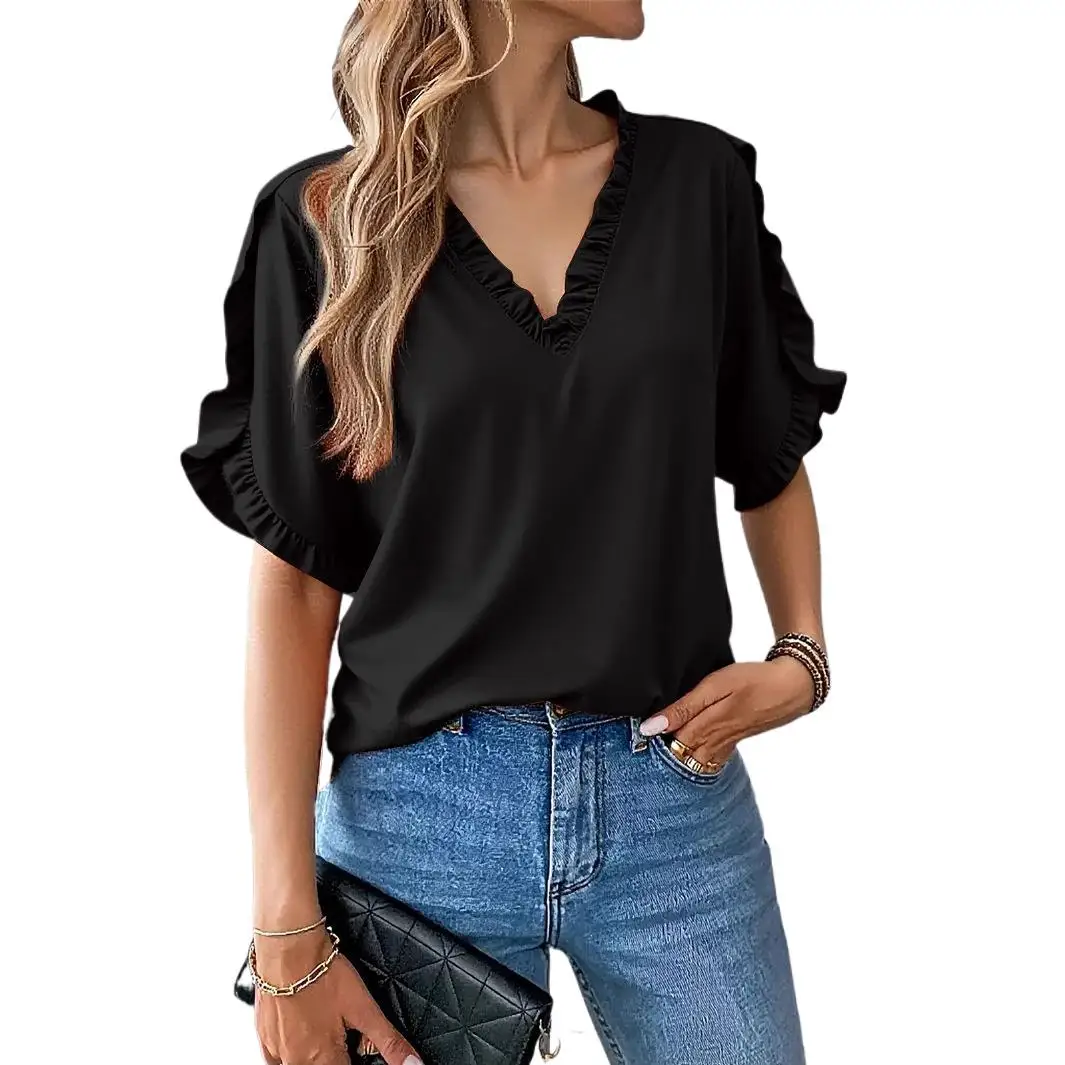 Women Loose Fit V Neck Short Sleeve Blouse
