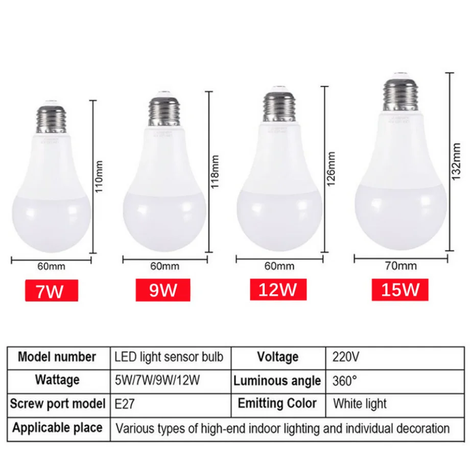 YzzKoo LED E27 조명 제어 센서 전구 12W 9W 7W AC85-265V 주야간 조명 자동 ON OFF 파티오 베란다 정원용 스마트 램프