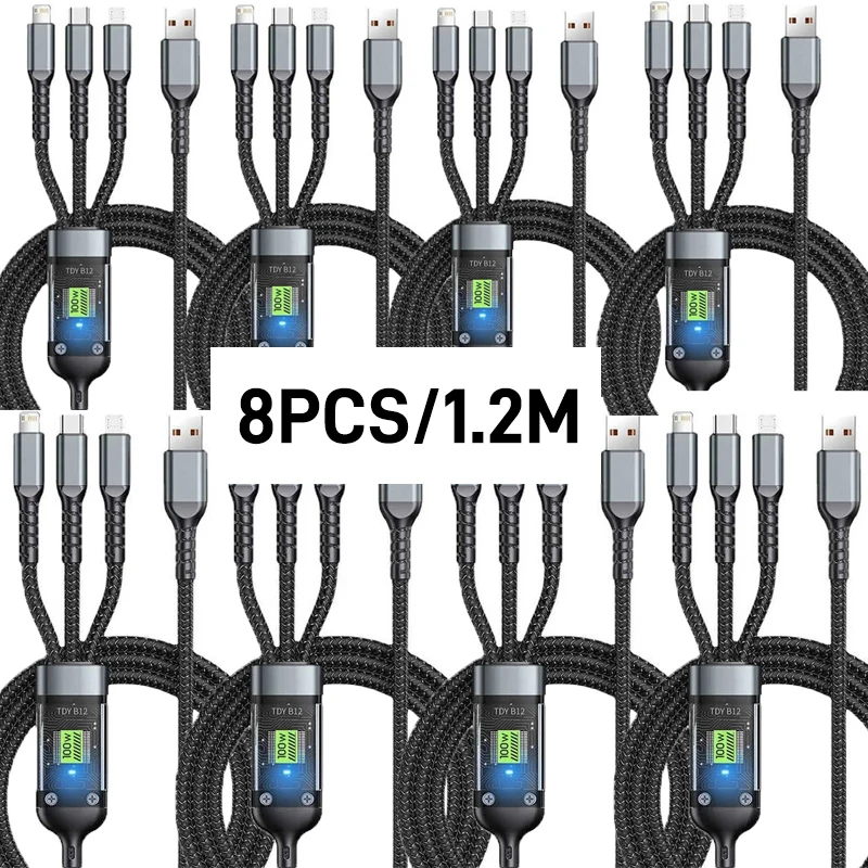 Fast Charging Cable 8pcs 100W 3 In 1 1.2m/4ft Nylon Braided Type-C Micro USB Multi Port Multiple Charging Wire