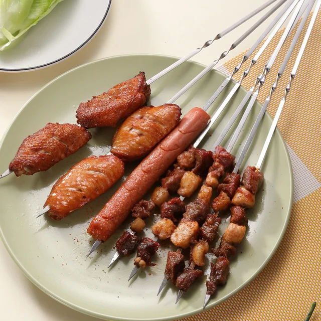 10Db Bbq Edények Acél Grillező Jelzőtábla Bárány Nyárs Vasjel Pörkölő Tű Lapos Sült Nyársai Húsos Brazier Szerszámok - Image 2