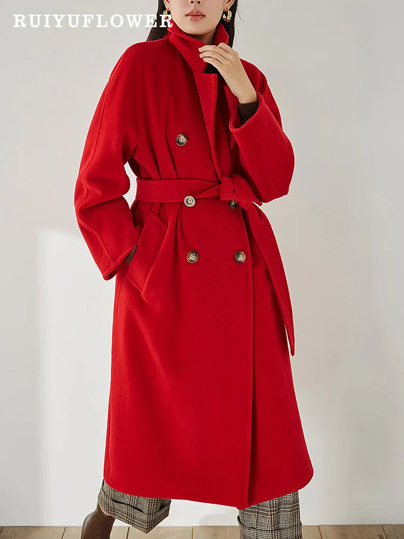 

Winter Lady Thickened Warm Wool Cashmere Solid Long Coats Female Outerwear Loose Straight Woolen Overcoats Korean Women Clothing
