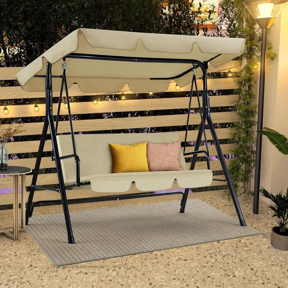 Outdoor Patio Swing Chair for Adults, 3-Seat Porch Swings with Adjustable Canopy, Outdoor Swing Bench with Removable Cushion 6