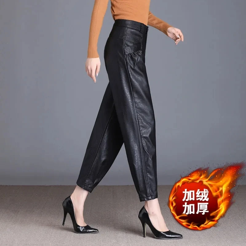 Leather-Pants-For-Women-Autumn-Winter-Casual-Elastic-High-Waist-Harlan ...