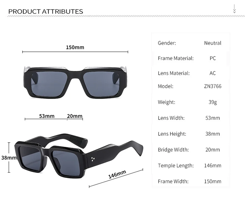Male Vintage Fashion Small Rectangle Sunglasses Hip Hop Shades Square Sun Glasses Black Shades Lady 50s Jeff Eyewear Unisex