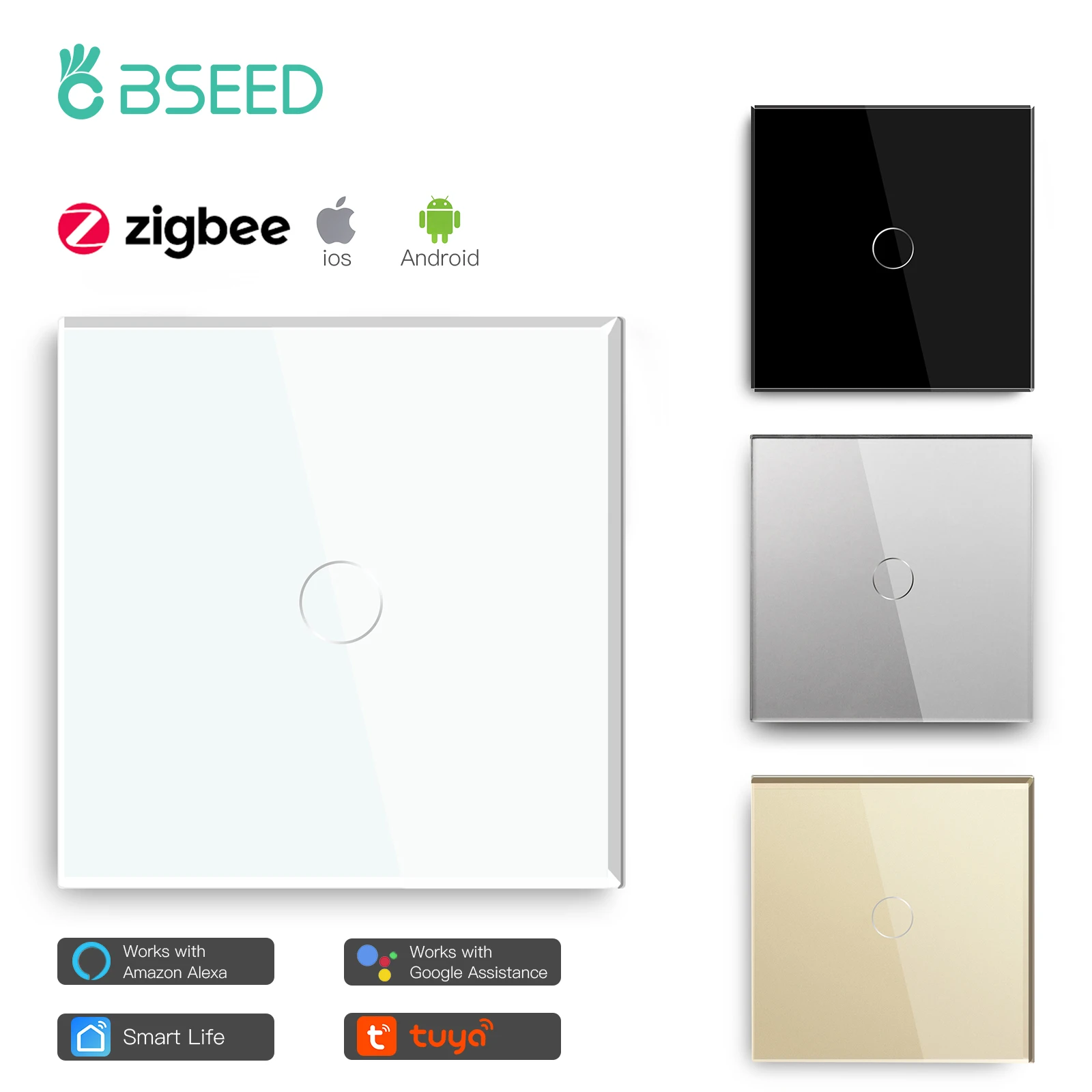 BSEED Zigbee Touch Switch แก้ว 1/2/3Gang สมาร์ทสวิทช์ไฟ Tuya Wireless Controller ผ่าน Google Smart Life Alexa App ไม่มี Neutral 1