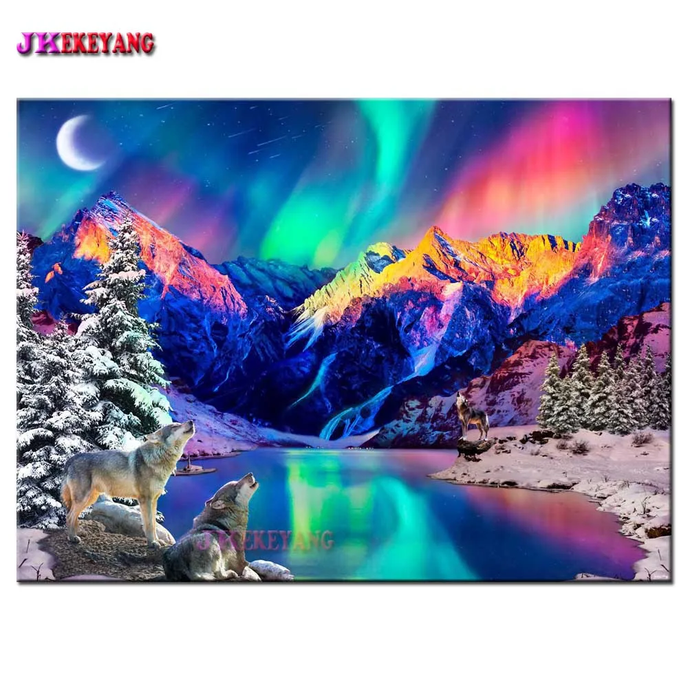 DIY Needlework Diamond Embroidery wolf lake moon aurora 5D Diamond Painting Handmade Mosaic Picture Of Rhinestones Y4917