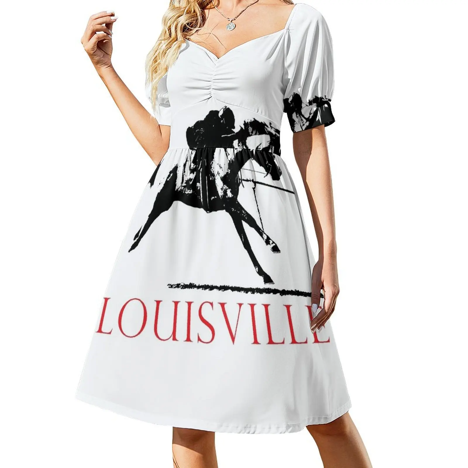 thumbnail image 1 of Vestido de manga corta con estampado de caballo de carreras rojo Louisville, vestido de verano, vestidos de verano para mujer , vestido de mujer, 1 of 7