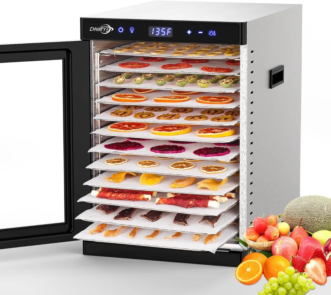 

Food Dehydrator with 12 Stainless Steel Trays, Double Fans, Precise Temperature Control Fast Drying Speed Adjustable Timer