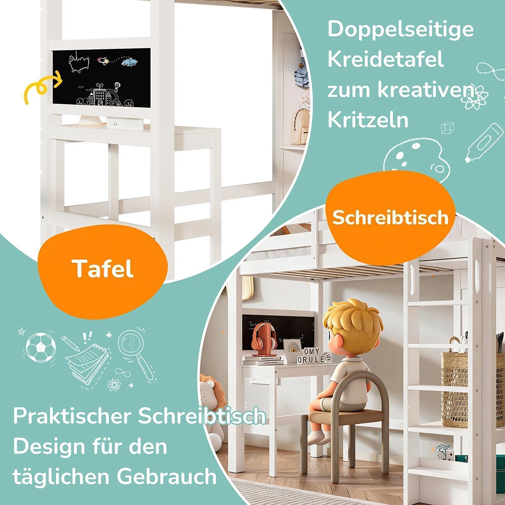 KOMHTOM Weißes Kinderhochbett 90x200cm, Mit Schreibtisch, Offenem Kleiderschrank, Regalen, Rausfallschutz (ohne Matratze) – Detail 7