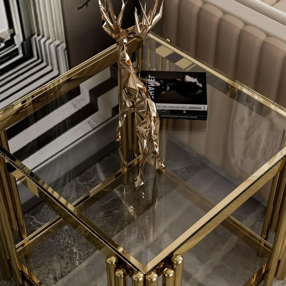 Gold Glass Living Room End Table Sofa Side Table 1Pcs, Stainless Steel Metal Leg, Square Clear Tempered Glass Small Corner Table 4