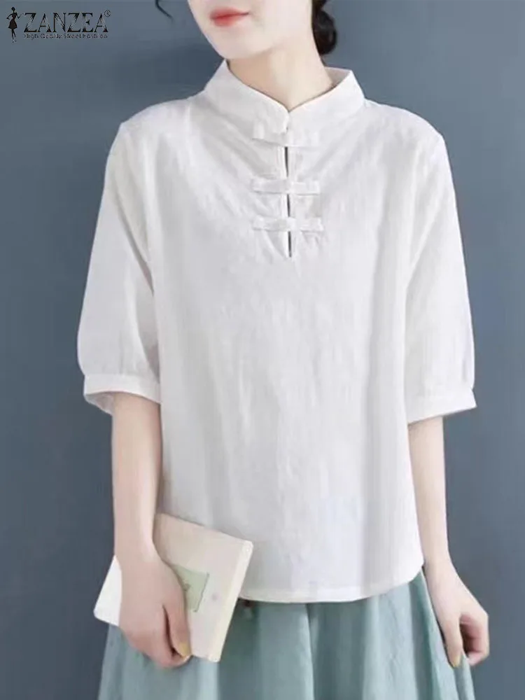 

ZANZEA Fashion Women Cotton Shirts Chinese Knot Button Blouse Vintage Texture Fabric Tops 2023 Summer O-neck Short Sleeve Blusa