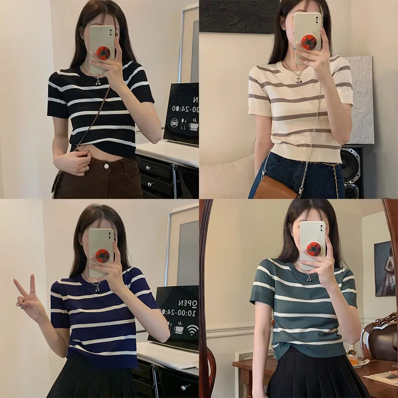 Zomer Casual Mode Gestreepte Bedrukking T-shirt Dames Korte Mouw Pullover Tops Dames Losse O-hals Tee Vrouwelijke Kleding311_voghion.com