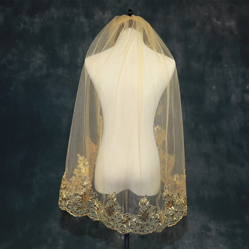 0.9M BlingBling Bridal Veil Gold White Red Wedding Hair Accessories Wedding Veil 1 Layer Bride Lace With Comb