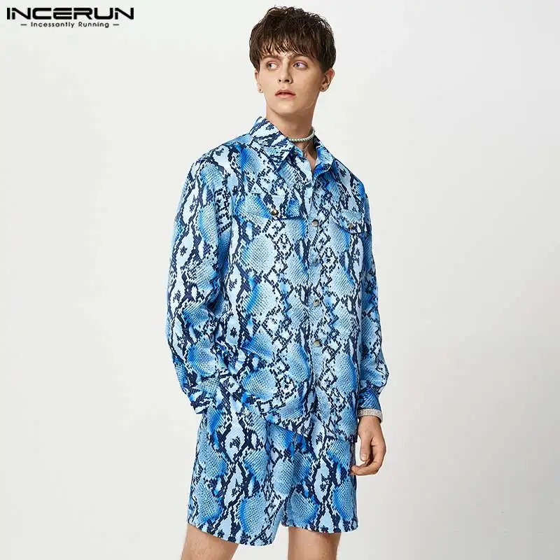INCERUN 2023 American Style Men's Colorful Print Pattern Sets Personality Long Sleeve Shirts Shorts Leisure Suit 2 Pieces S-5XL