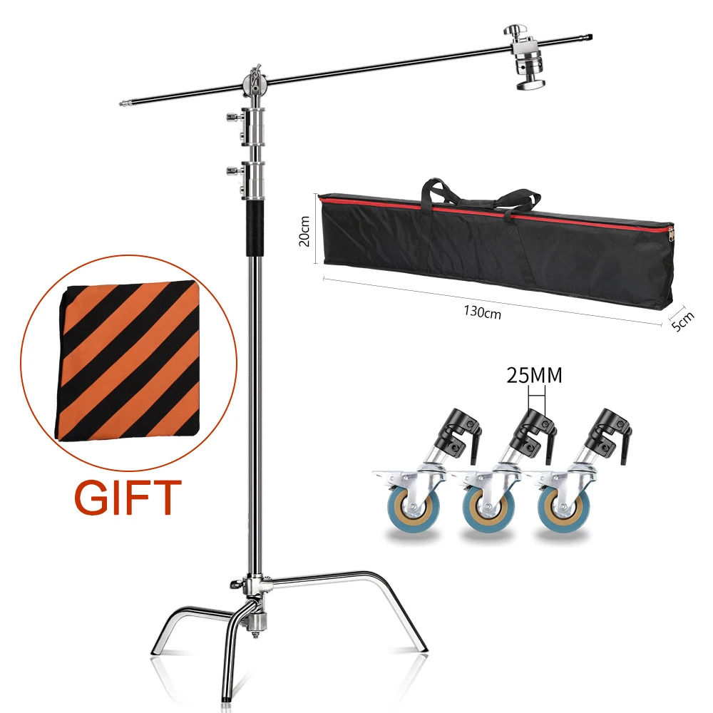 2.6M/8.5FT Stainless Steel Century Foldable Light Stand Tripod Magic Leg Photography C-Stand with wheel and bag for Photo Studio