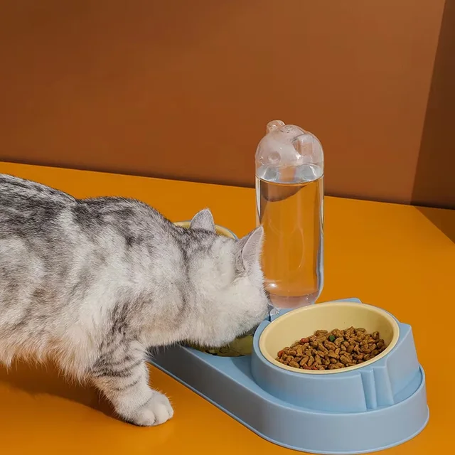 3 In 1 Dual-bowl Feeder with Gravity Water Bottle for Multi-pet Household Integrated Design Easy to Clean Cat Bowl for Puppy Cat 5