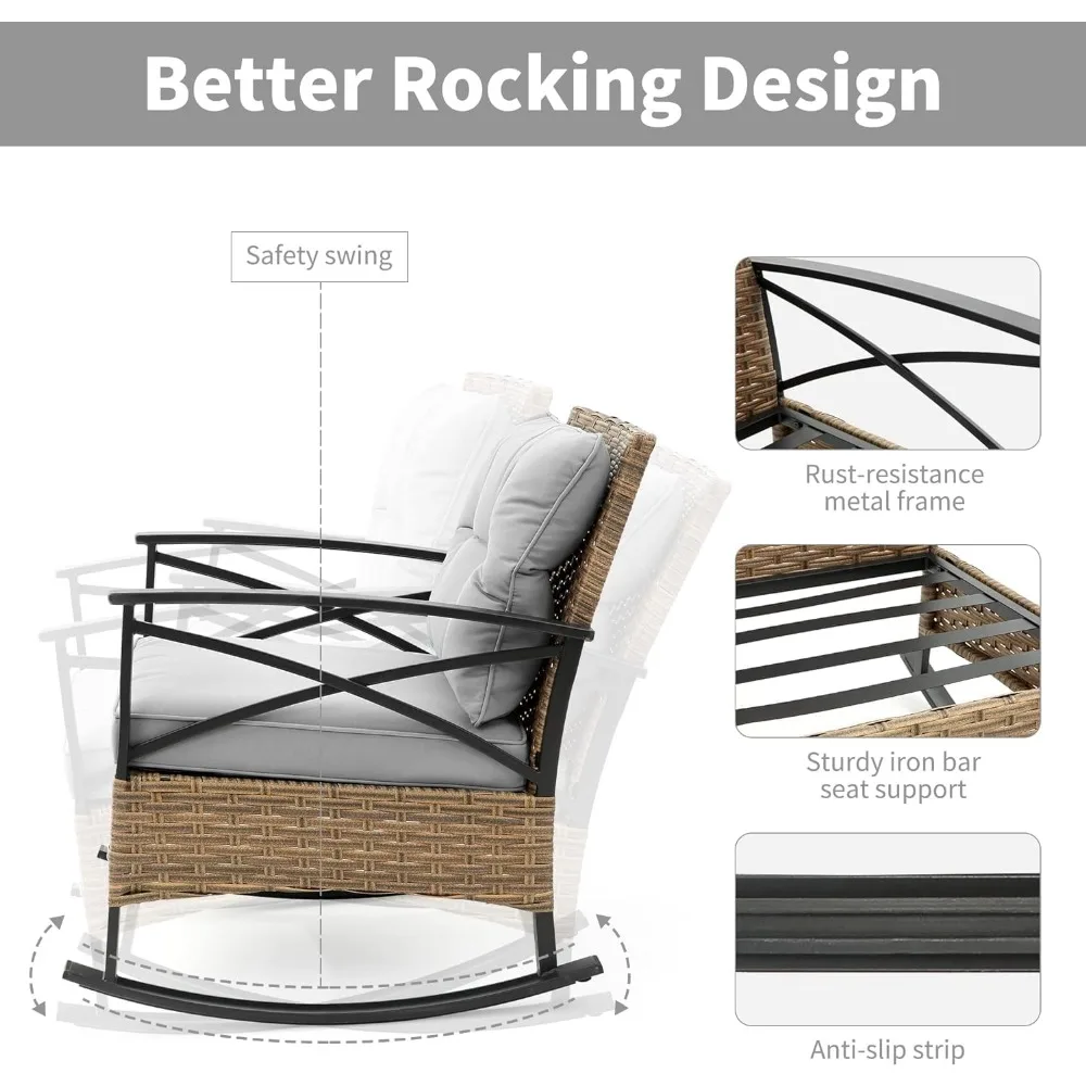 Outdoor Rocking Chairs Set - 3 Pieces Grey Patio Bistro Set Outside Furniture 2 Wicker Rocker Chairs with Grey Cushions and Tabl 4