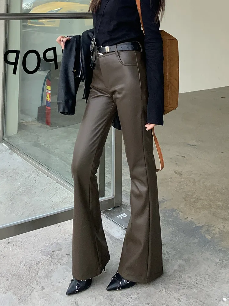 Women's Brown Pu Leather Flared Pants, Streetwear, High Waisted, Vintage, Slim Trousers, Ladies Fashion, Fall Clothes, Y2k,