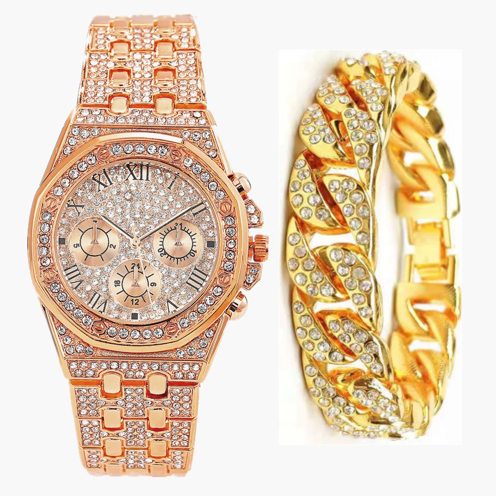 2PCS Iced Out Watch Bracelets for Men Women Couple Luxury Watches Gold Diamond Mens Watch with Cuban Chain Jewelry Dropshipping